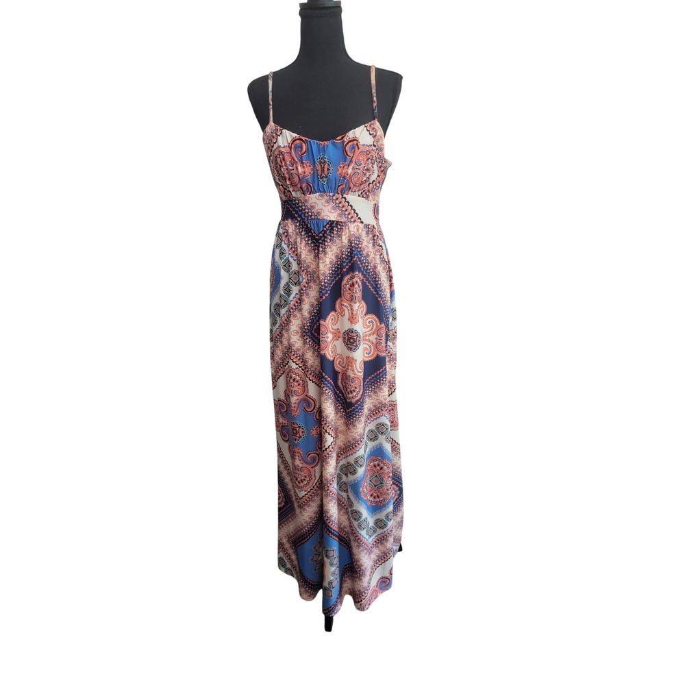 Elle Women Blue Orange Paisley Boho Empire Waist Maxi Dress Small‎ NWT